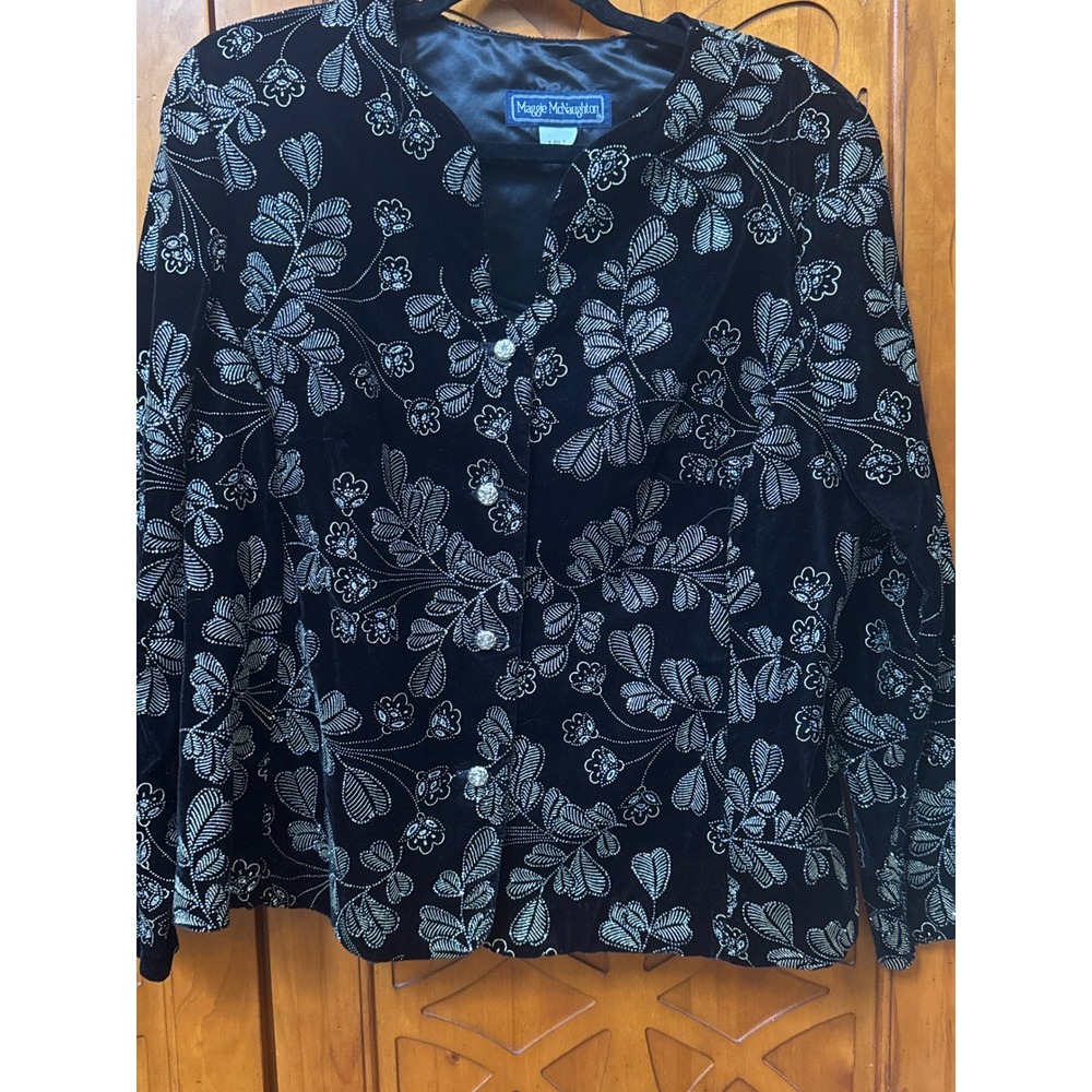 Maggie McNaughton Black Velvet Silver Glitter Floral Evening Jacket 18W USA Made